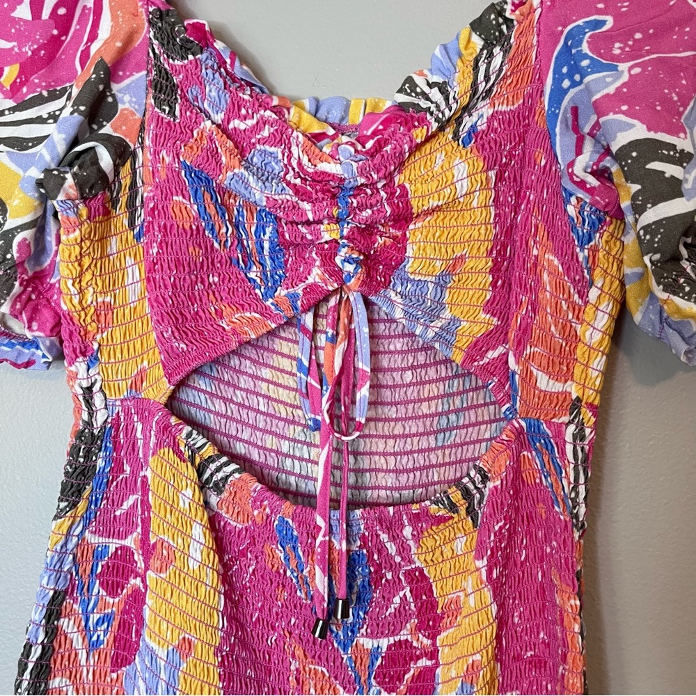 Maaji NEW Clarissa Reversible Smocked Puff Sleeve Ruffle Mini Dress Pink Floral - Picture 4 of 9